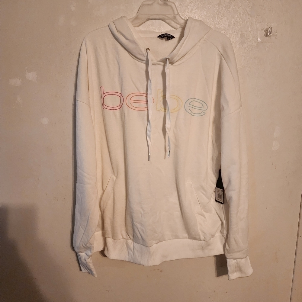 Bebe Neon Lites Logo Pullover Hoodie Sz 2X White Thumbholes NWT(2 tiny blk dots)
